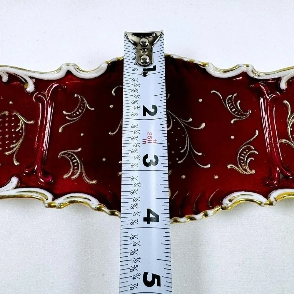 Vintage Ruby Red Porcelain Vanity Tray Gold Gilt Scalloped Divided Trinket Dish